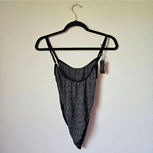 NWT Mapalé Nordstrom Black Silver Glitter Bodysuit Size S/M - Picture 2 of 6